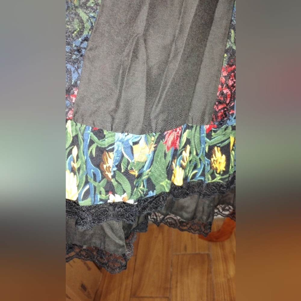 Vintage Black Floral A-Line Skirt with Pink, Yellow & Blue Flowers - Picture 4 of 7